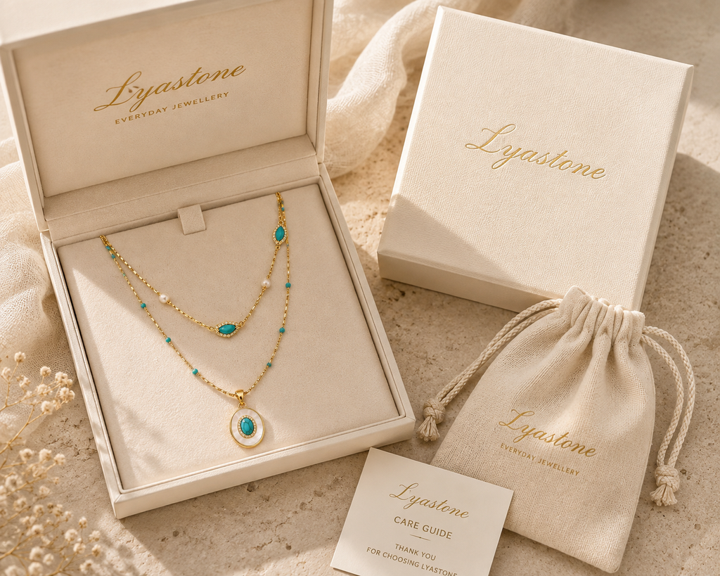 Azure Solstice Layered Necklace in Lyastone gift packaging