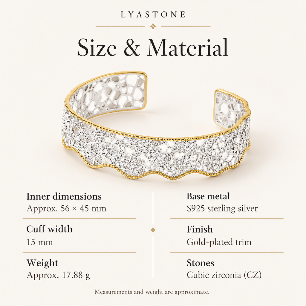 Venetian Lace cuff dimensions approximately 56 by 45 mm, 15 mm width, 17.88 grams; S925 silver with gold-plated trim