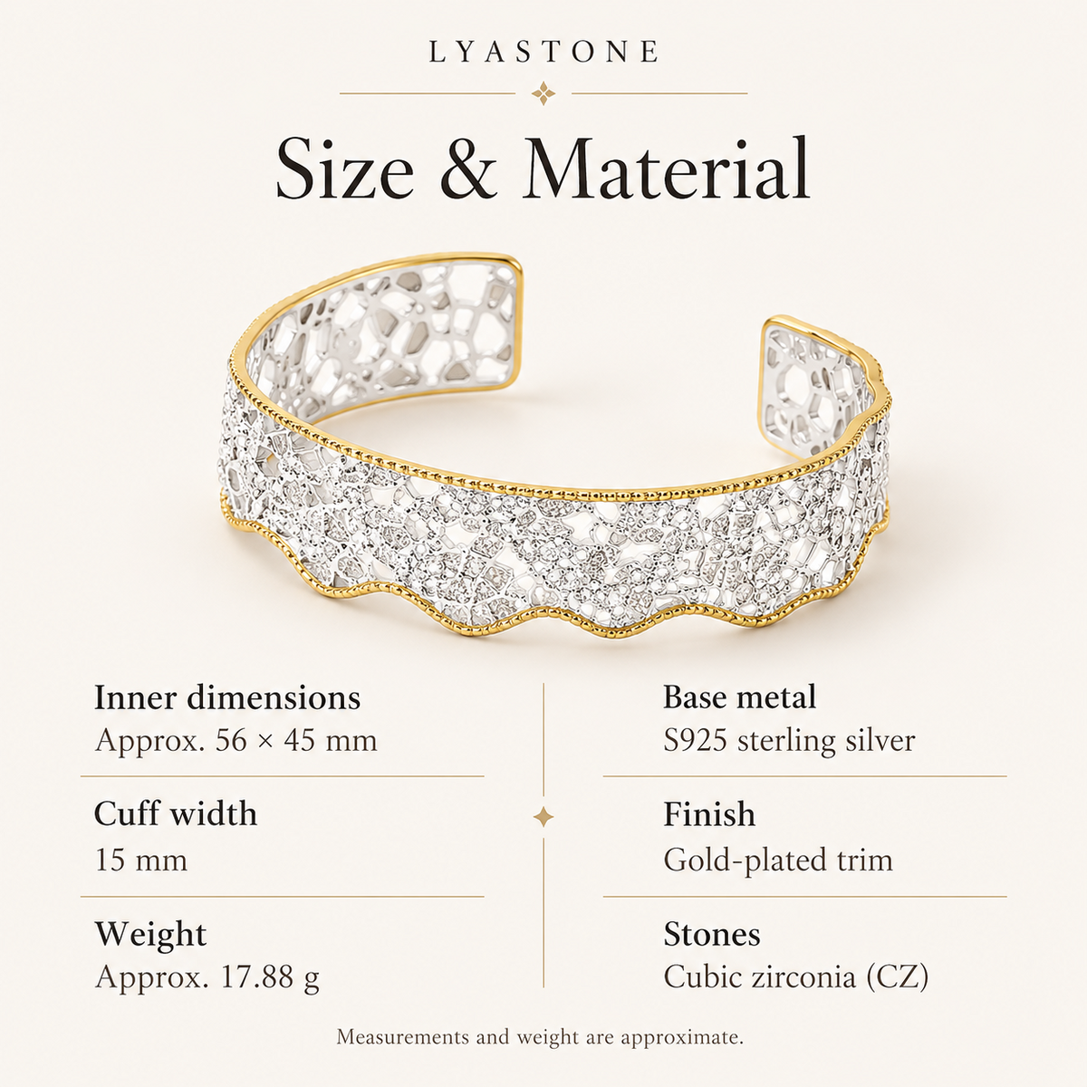 Venetian Lace cuff dimensions approximately 56 by 45 mm, 15 mm width, 17.88 grams; S925 silver with gold-plated trim