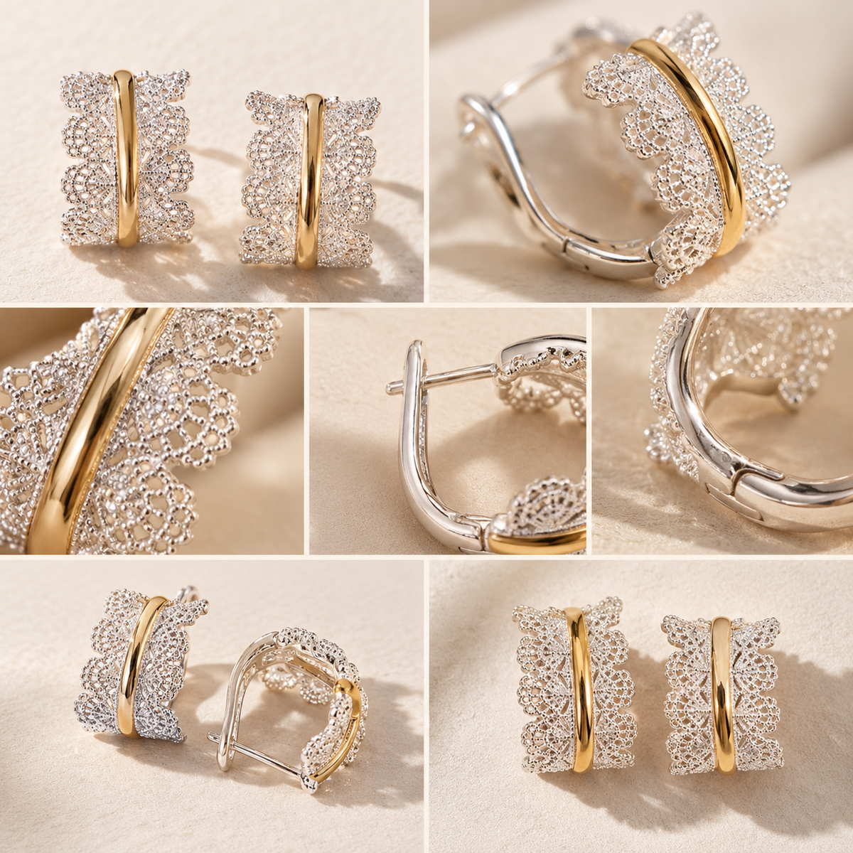 Venetian Lace two-tone hoop earrings detailed views showing filigree and hinge