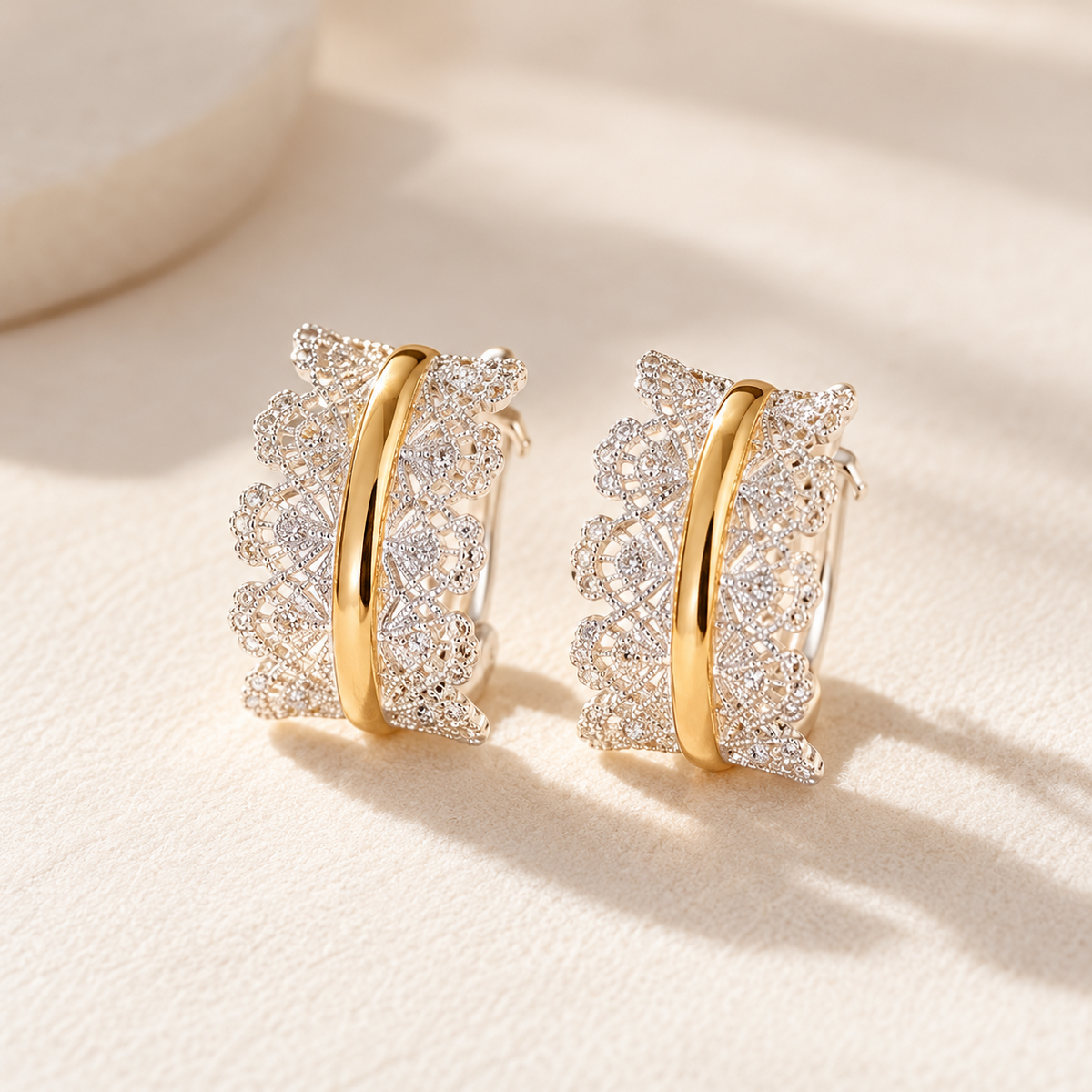 Pair of Lyastone Venetian Lace two-tone hoop earrings with gold centre and silver lace detail