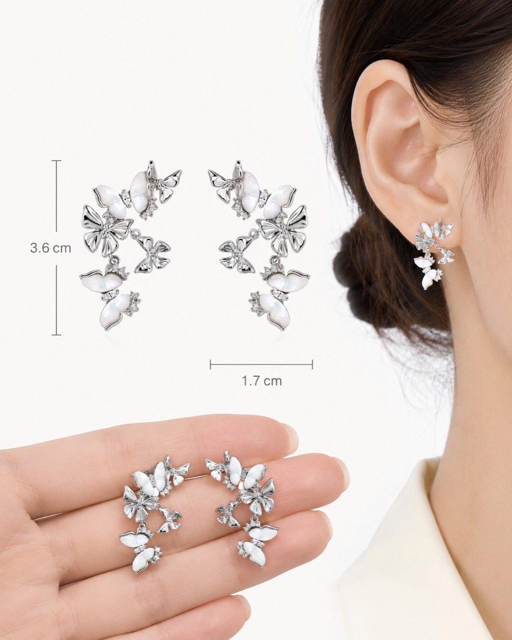 Size guide for white mother of pearl butterfly drop earrings measuring 3.6 cm by 1.7 cm
