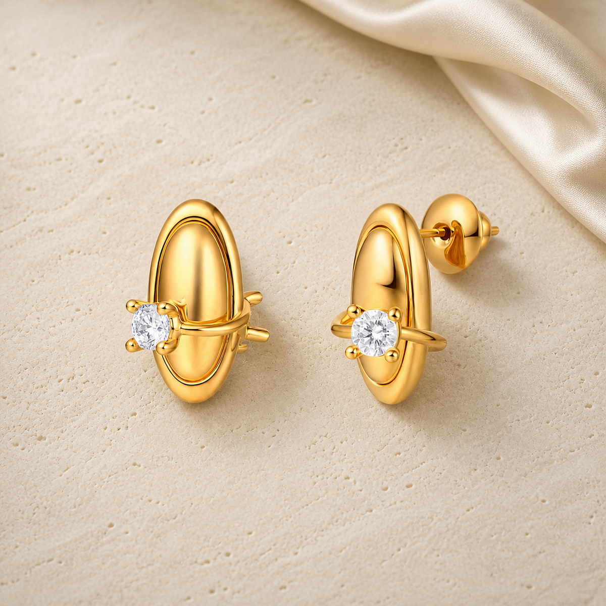 Miaofang Stud Earrings on warm ivory travertine