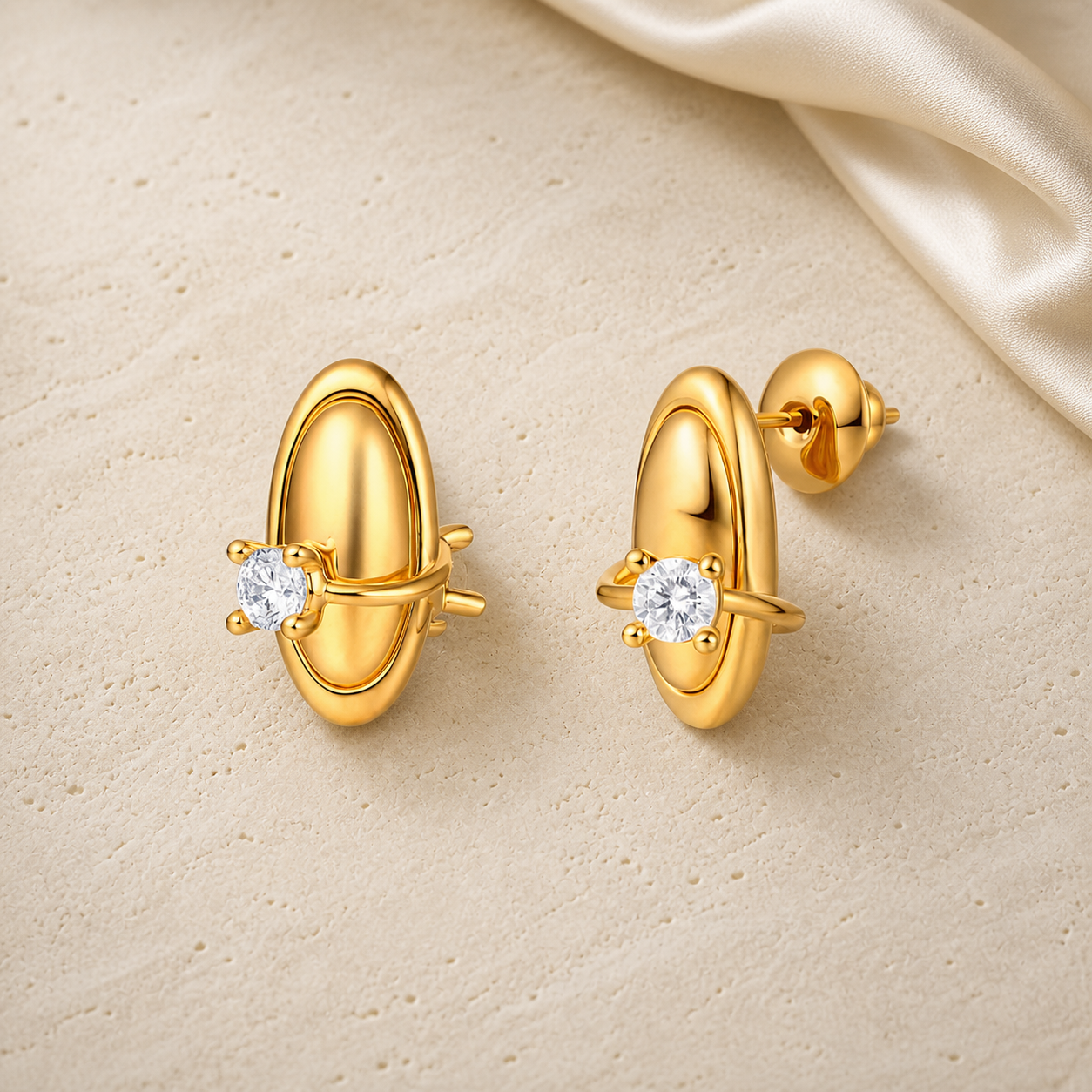 Miaofang Stud Earrings on warm ivory travertine