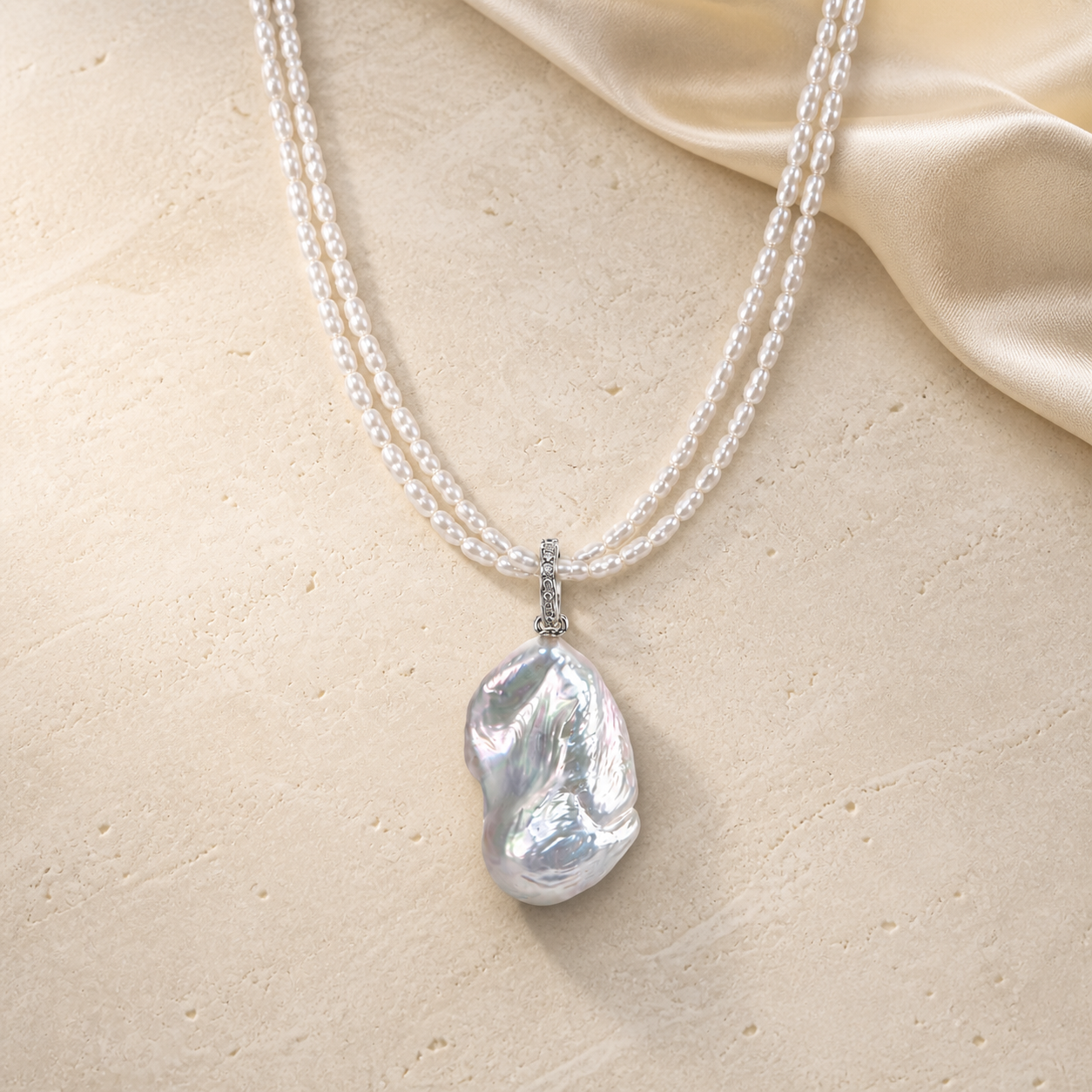 Moon Tide double strand pearl necklace with baroque pearl pendant