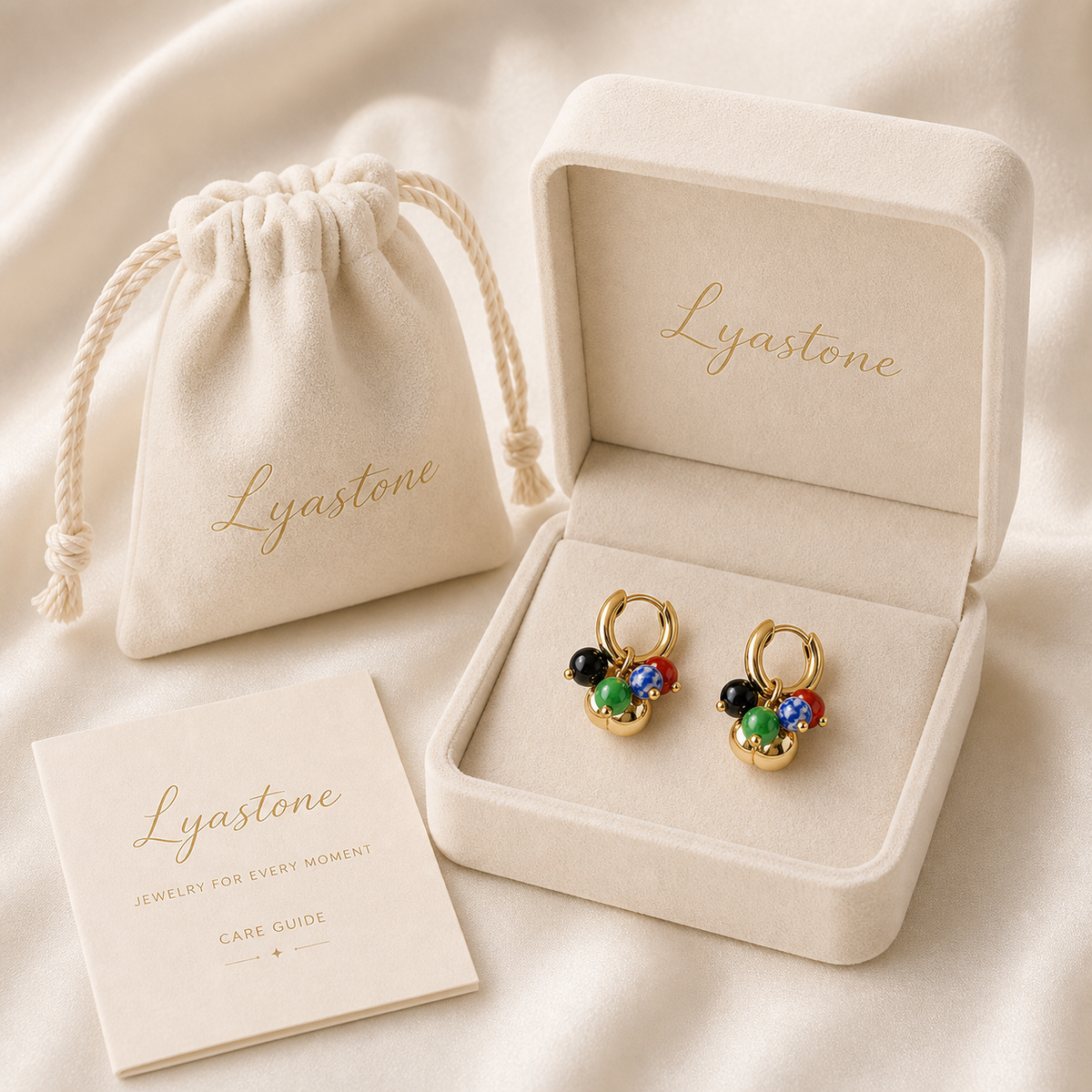 Lyastone Mosaic Charm Huggie Earrings displayed in Lyastone jewellery packaging