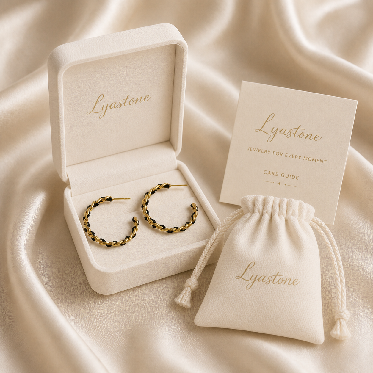 Noir Weave hoop earrings presented in Lyastone jewellery gift packaging
