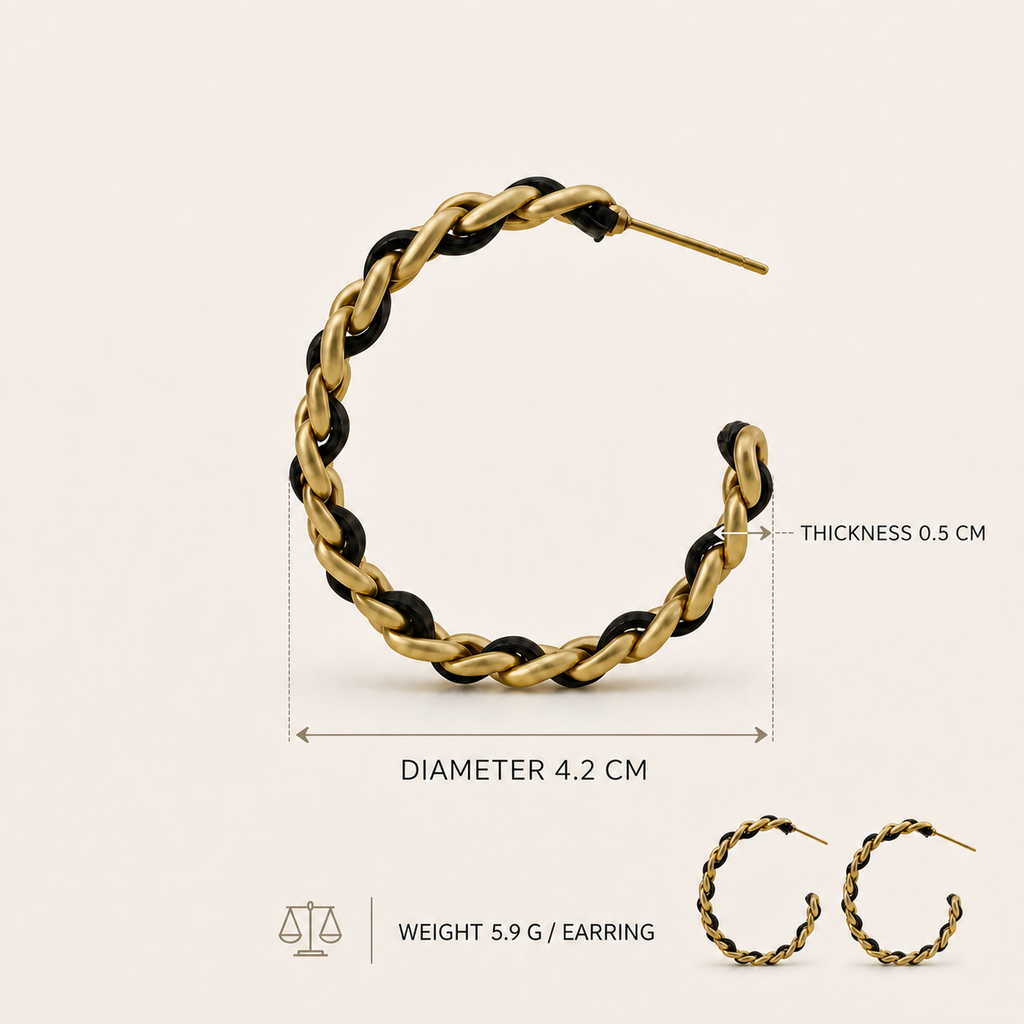 Noir Weave hoop earrings size guide showing 4.2 cm diameter, 0.5 cm thickness and 5.9 g weight per earring