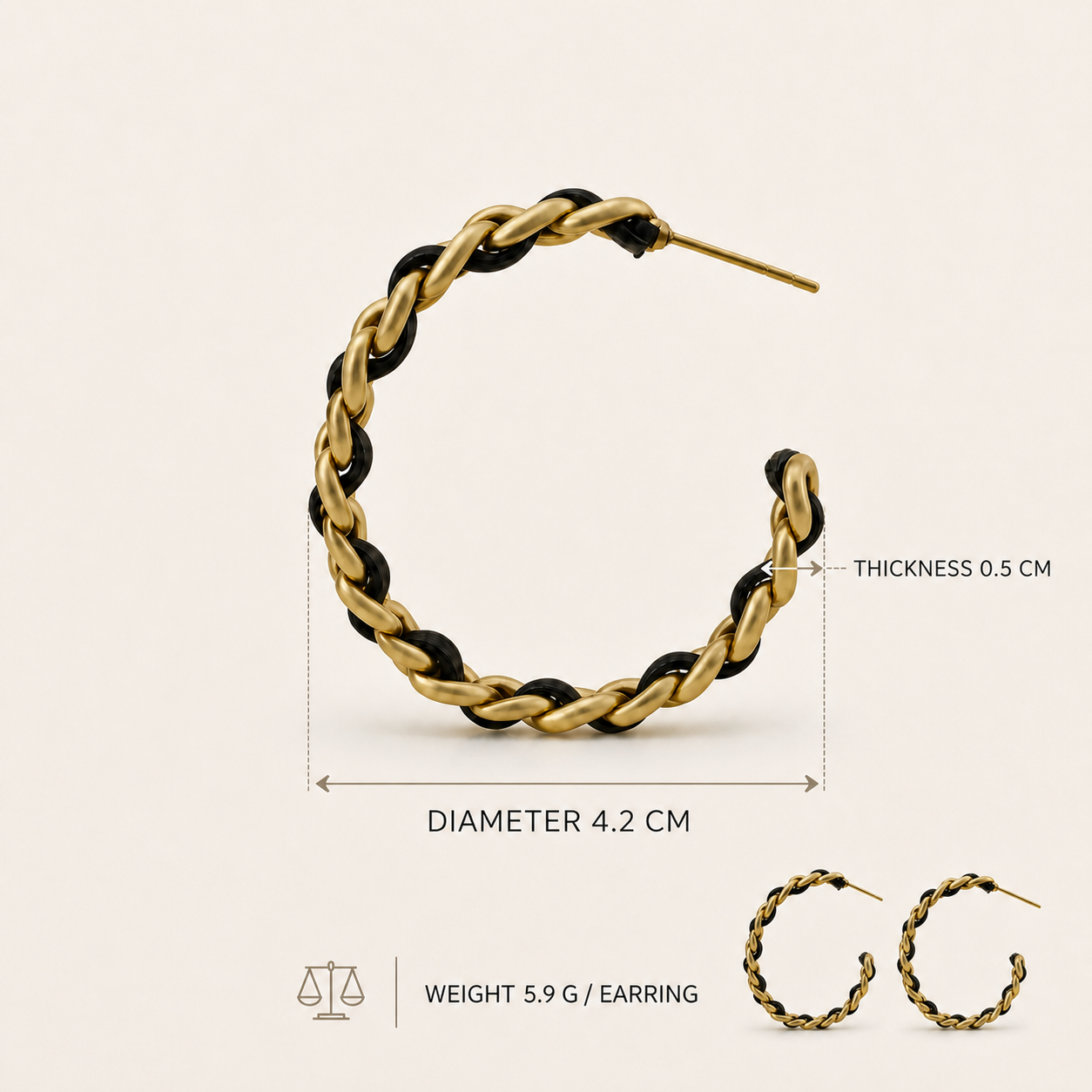 Noir Weave hoop earrings size guide showing 4.2 cm diameter, 0.5 cm thickness and 5.9 g weight per earring