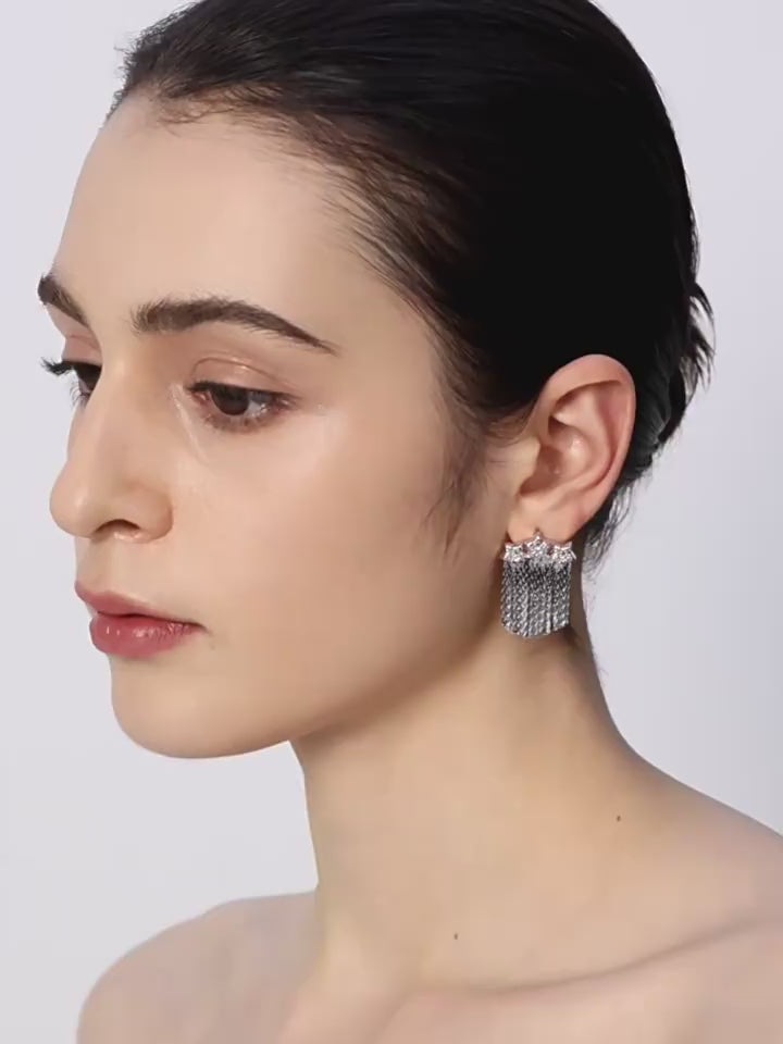 Elegant rhodium tassel drop earrings