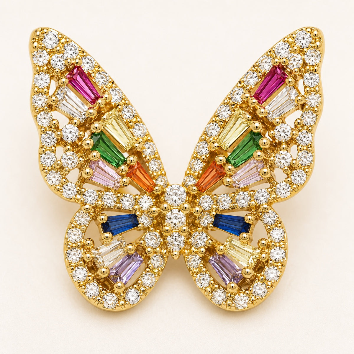 Close-up detail of Prism Flutter Butterfly Earrings with colourful baguette-cut cubic zirconia