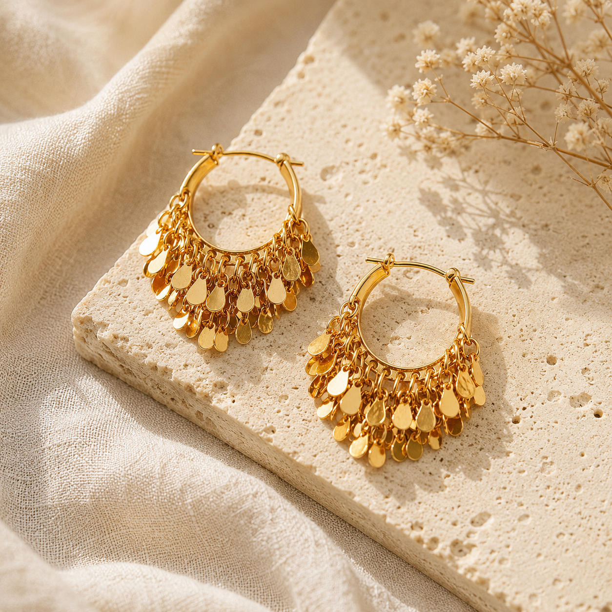 Retro Gold Dangle Hoop Earrings – 22K Gold Plated – Lyastone Jewellery