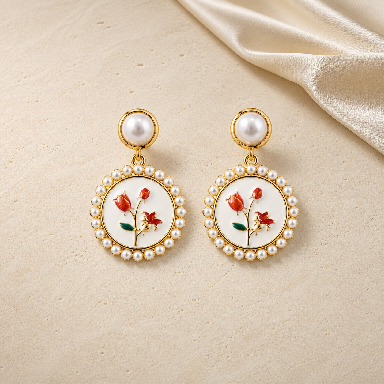 Rosalie Pearl Earrings with floral enamel details