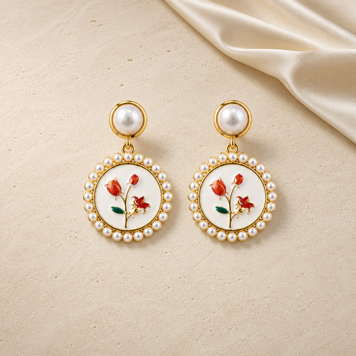 Rosalie Pearl Earrings with floral enamel details