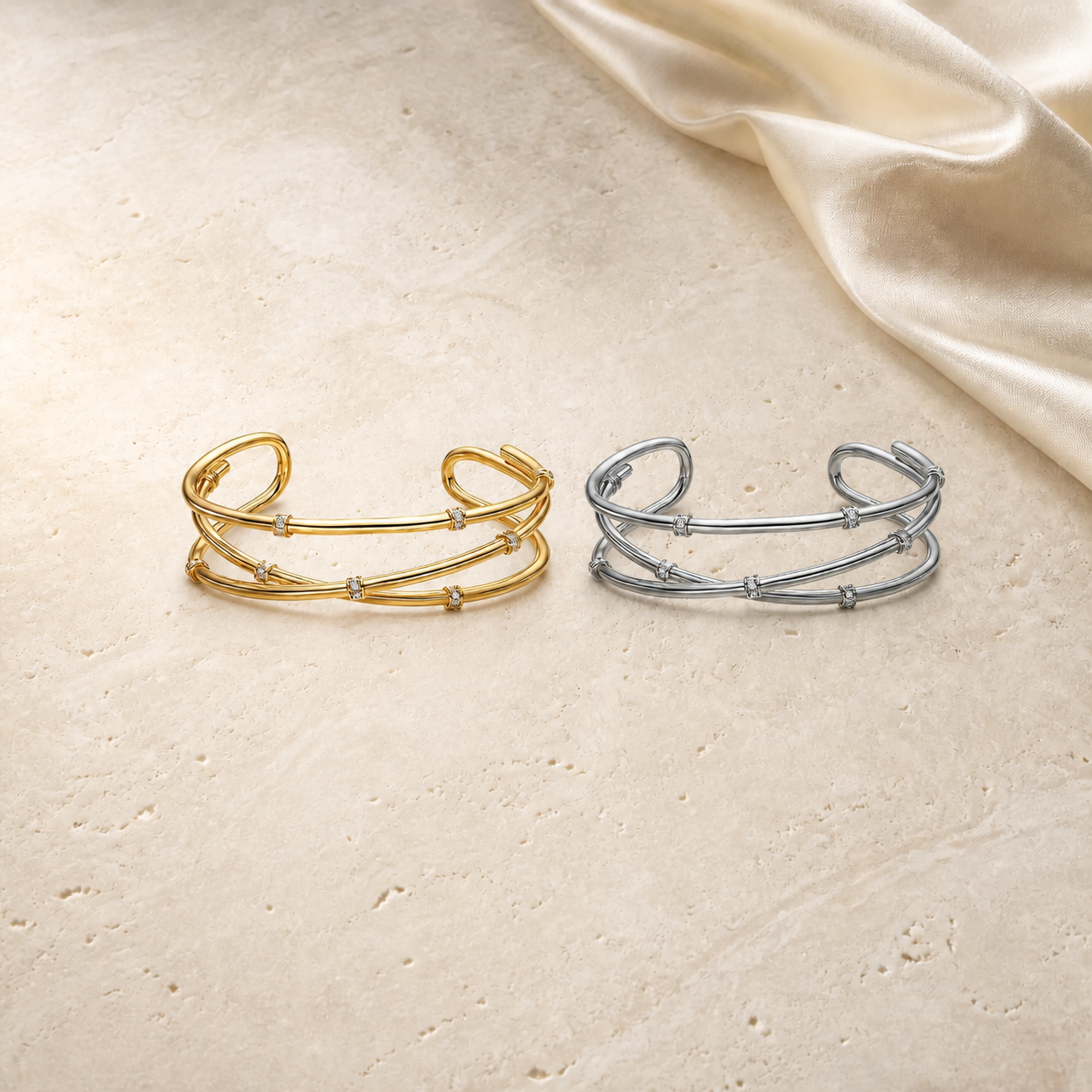 Serena Crossed Cuff Bracelet in gold and silver