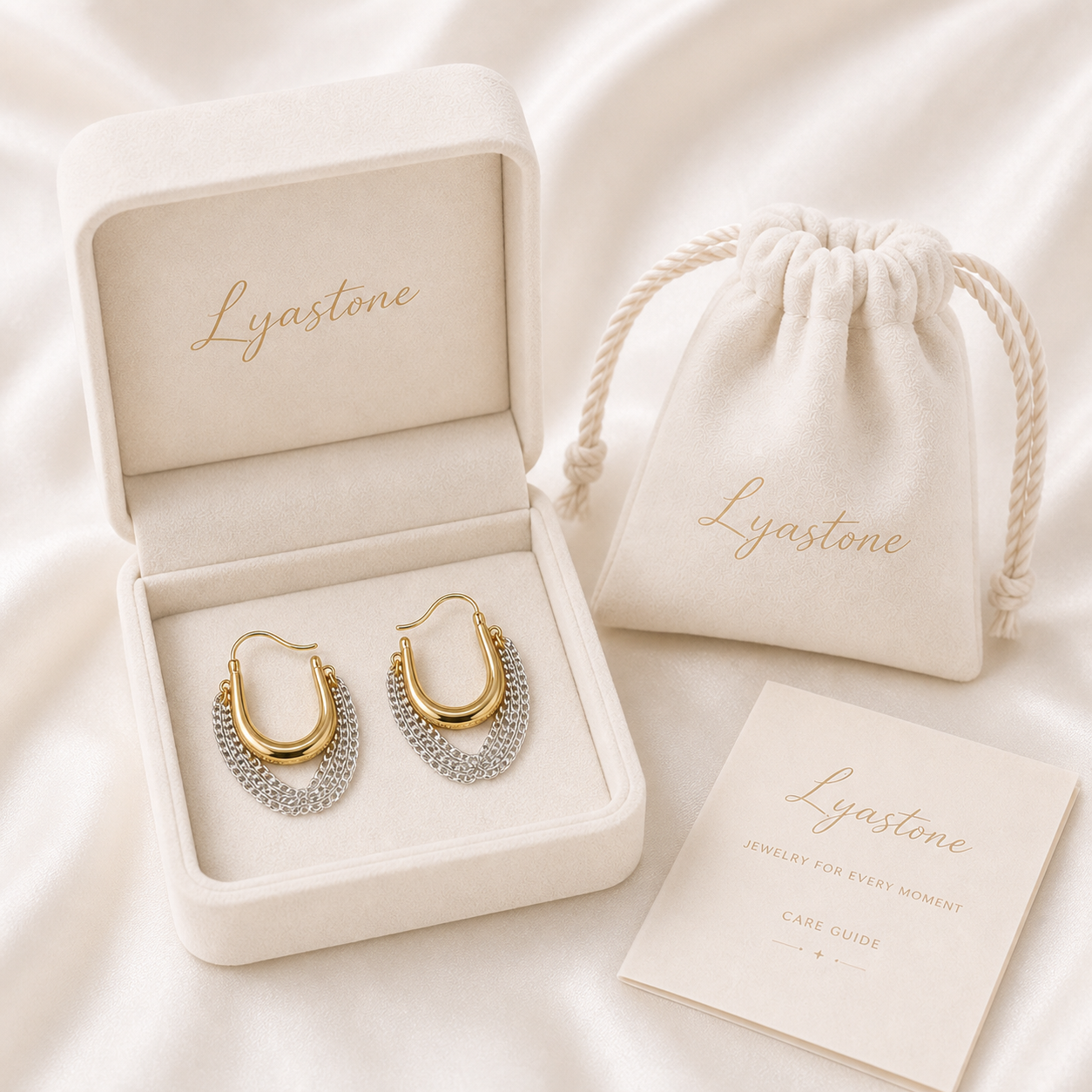 Solara Cascade Hoops presented in Lyastone jewellery gift packaging