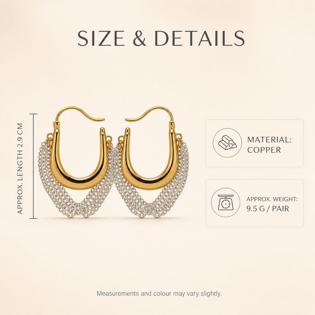 Solara Cascade Hoops size guide showing 2.9 cm length, copper material and 9.5 g pair weight