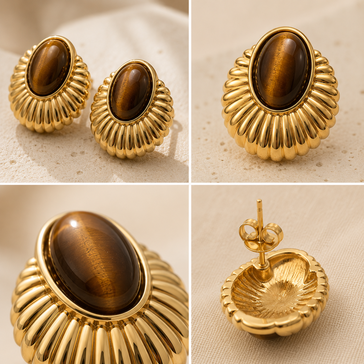 Close-up details of gold-tone tiger eye stud earrings