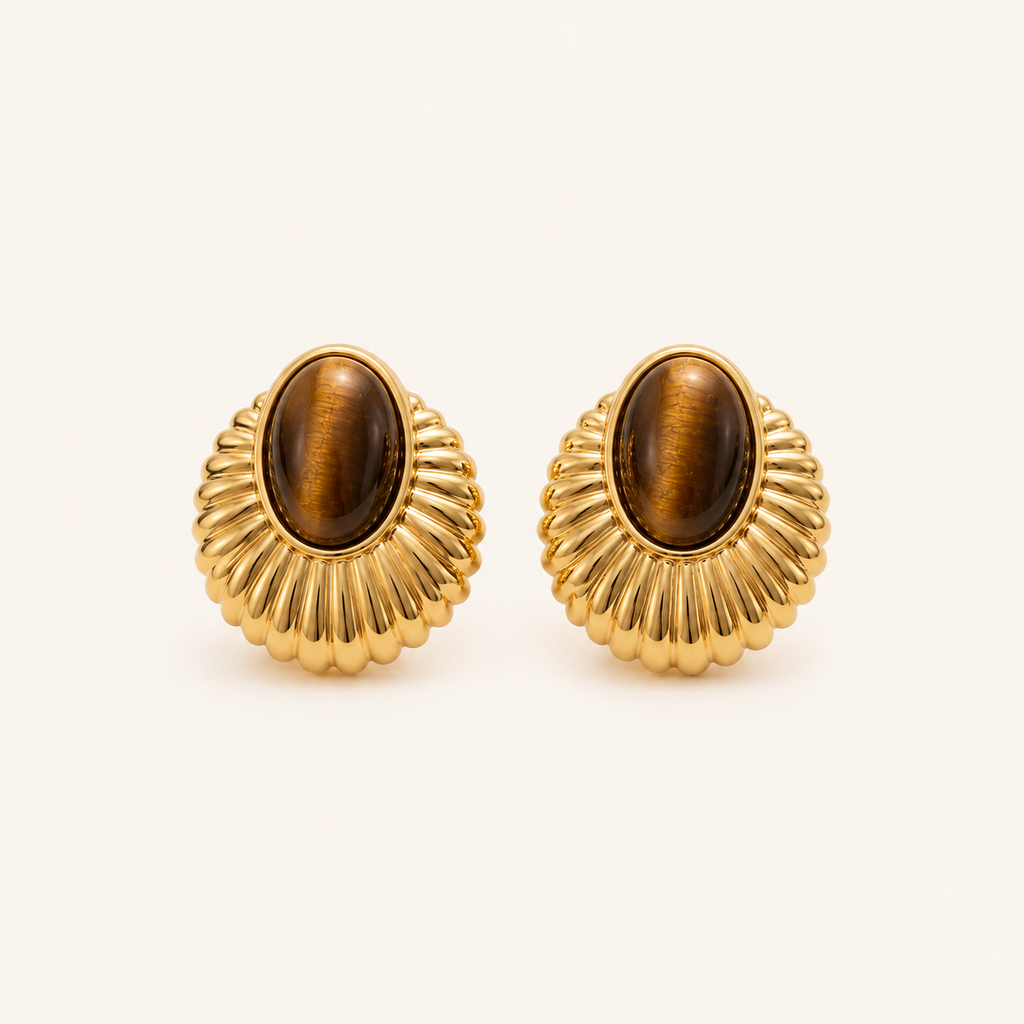 Front view of Solis oval tiger eye stud earrings