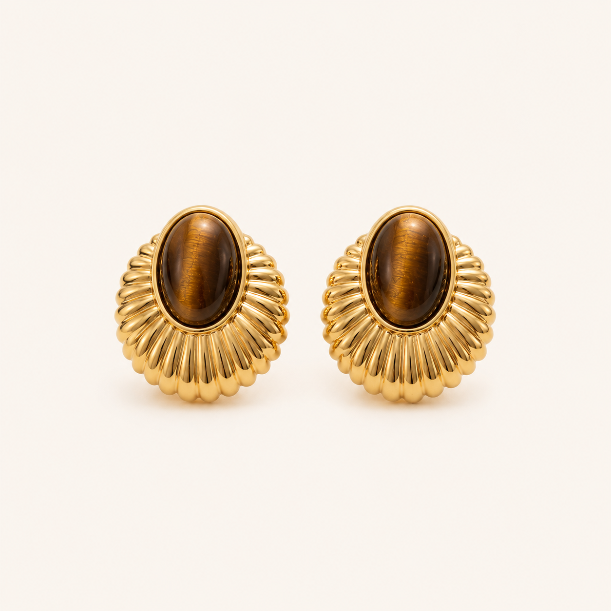 Front view of Solis oval tiger eye stud earrings