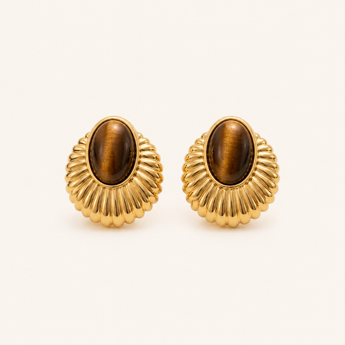 Front view of Solis oval tiger eye stud earrings