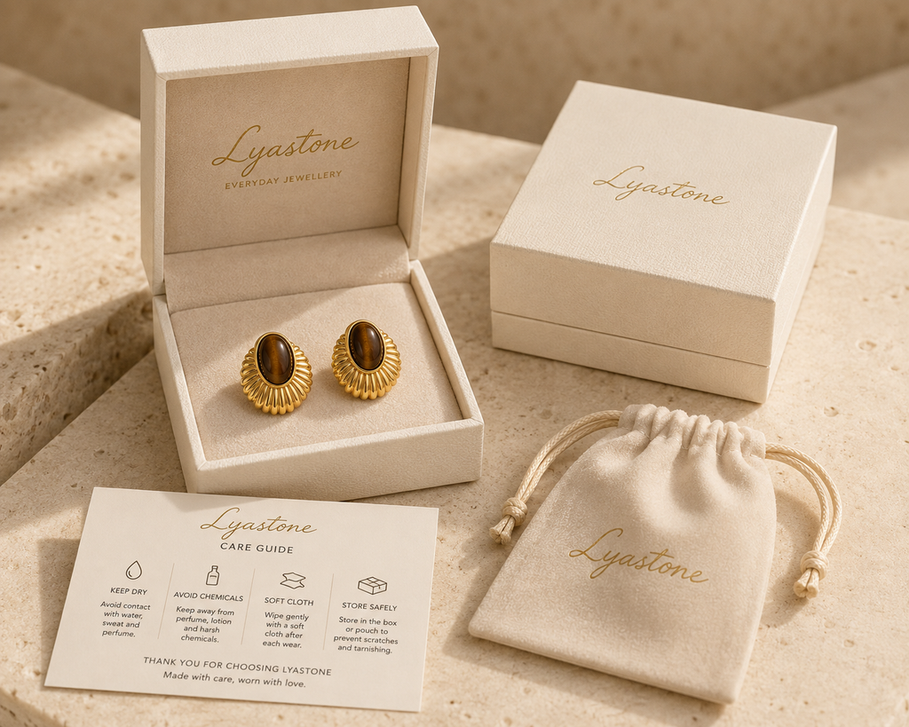 Solis tiger eye stud earrings in Lyastone gift packaging