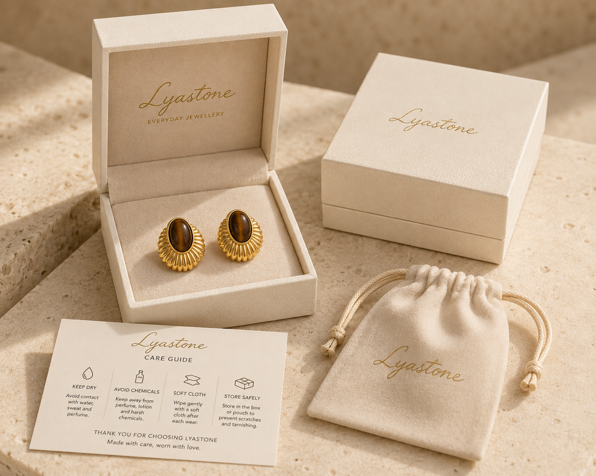 Solis tiger eye stud earrings in Lyastone gift packaging