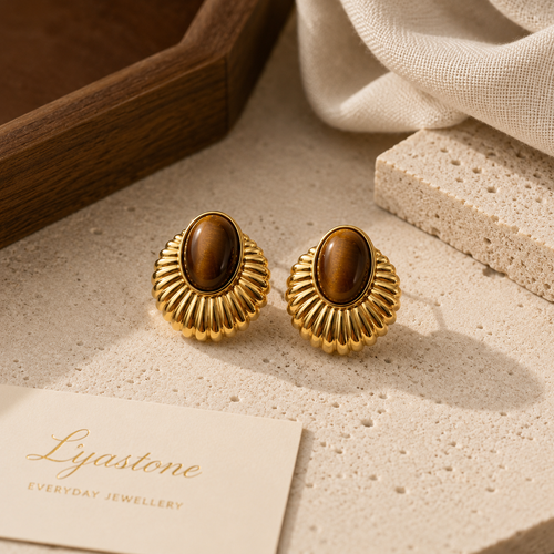 Solis tiger eye statement earrings in warm natural light
