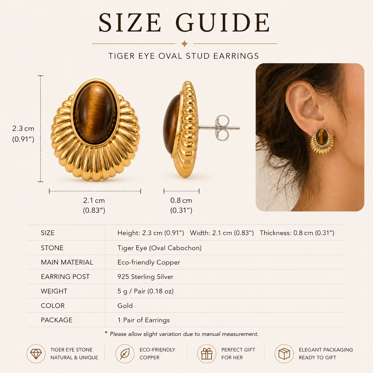 Solis tiger eye stud earrings size and materials guide