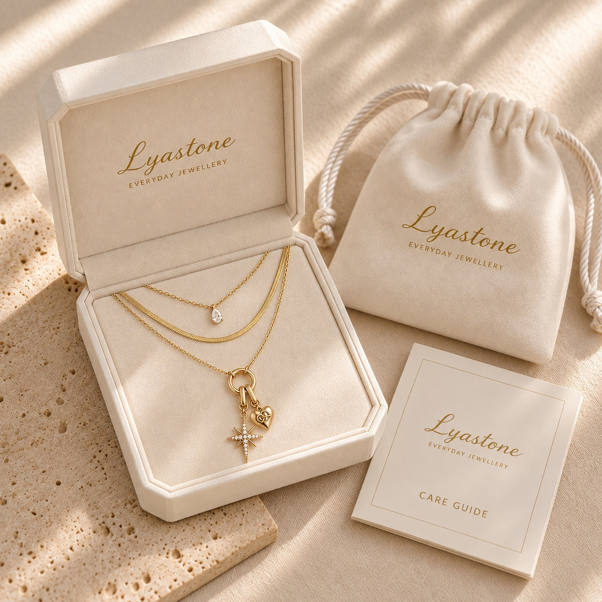Lyastone gift-ready jewellery packaging with Polaris Heart Layered Necklace
