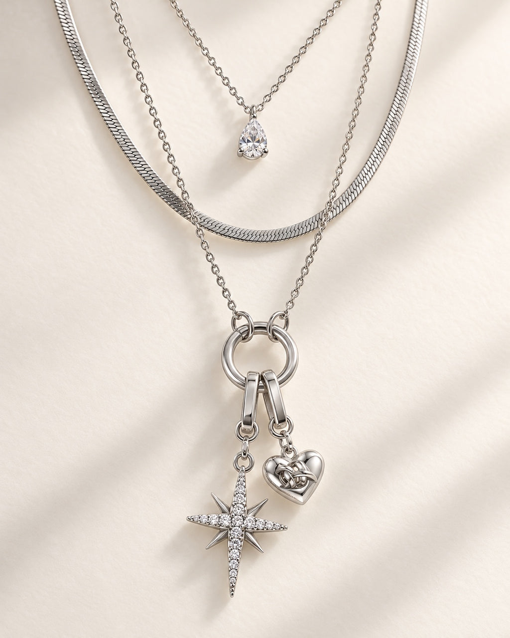 Silver Polaris Heart Layered Necklace close-up