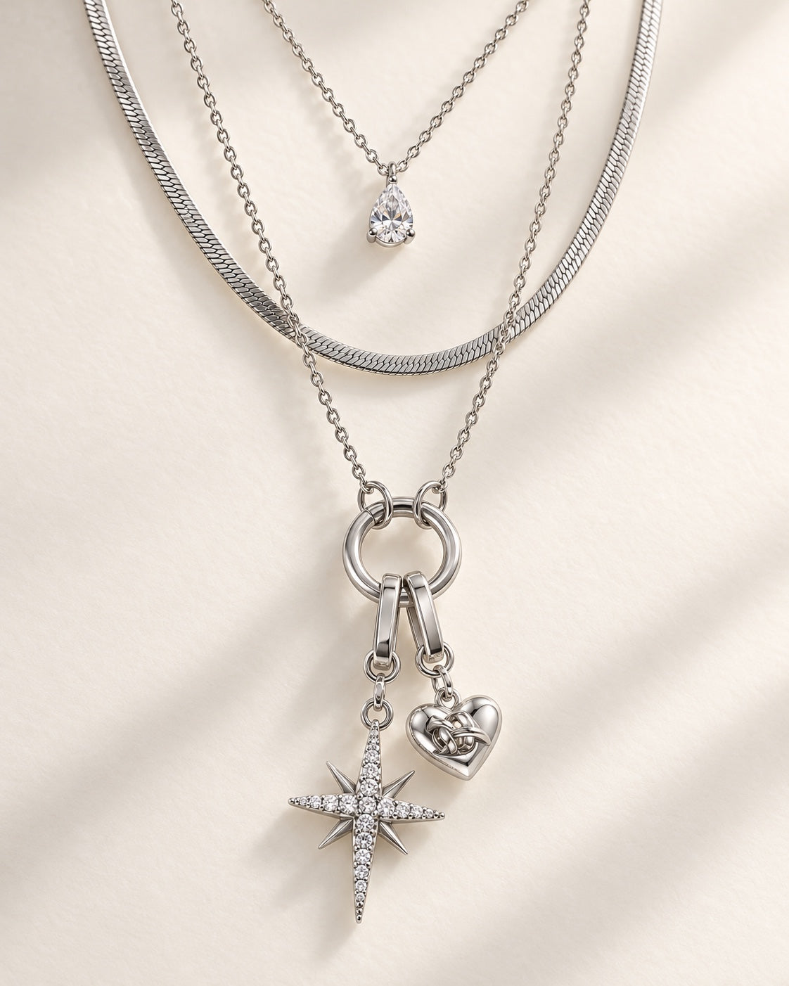 Silver Polaris Heart Layered Necklace close-up