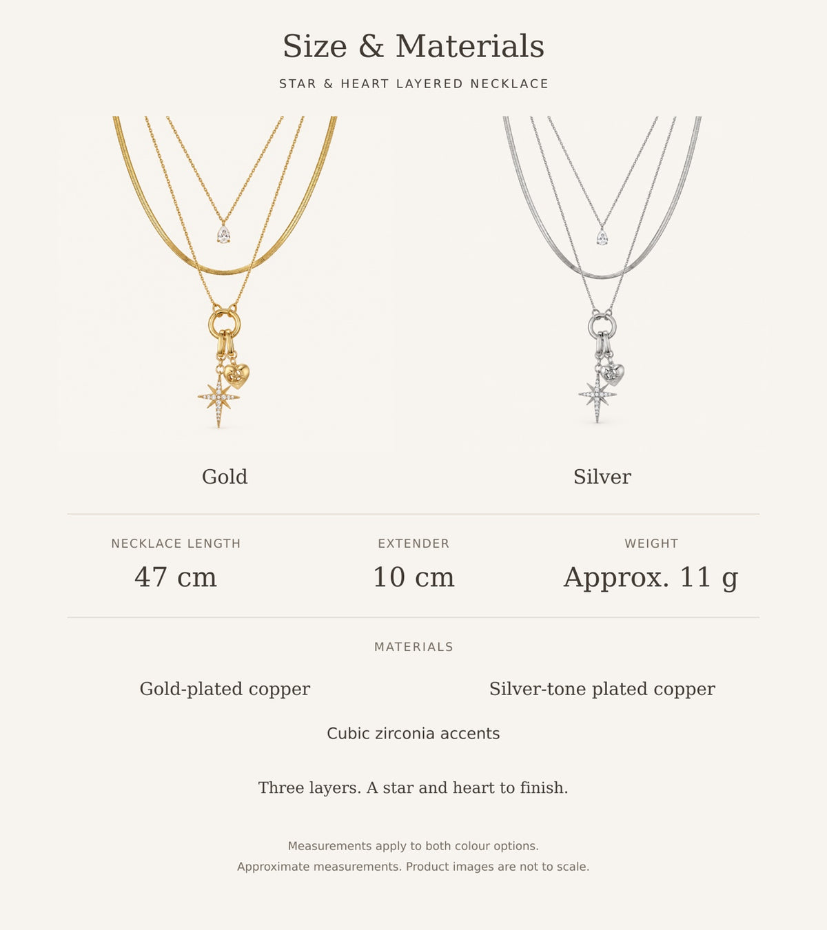 Polaris Heart Layered Necklace size and materials guide